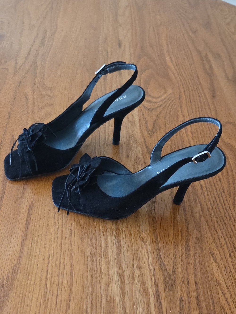 Apostrophe Black Suede Slingback Peep-Toe Heels with Floral Accent